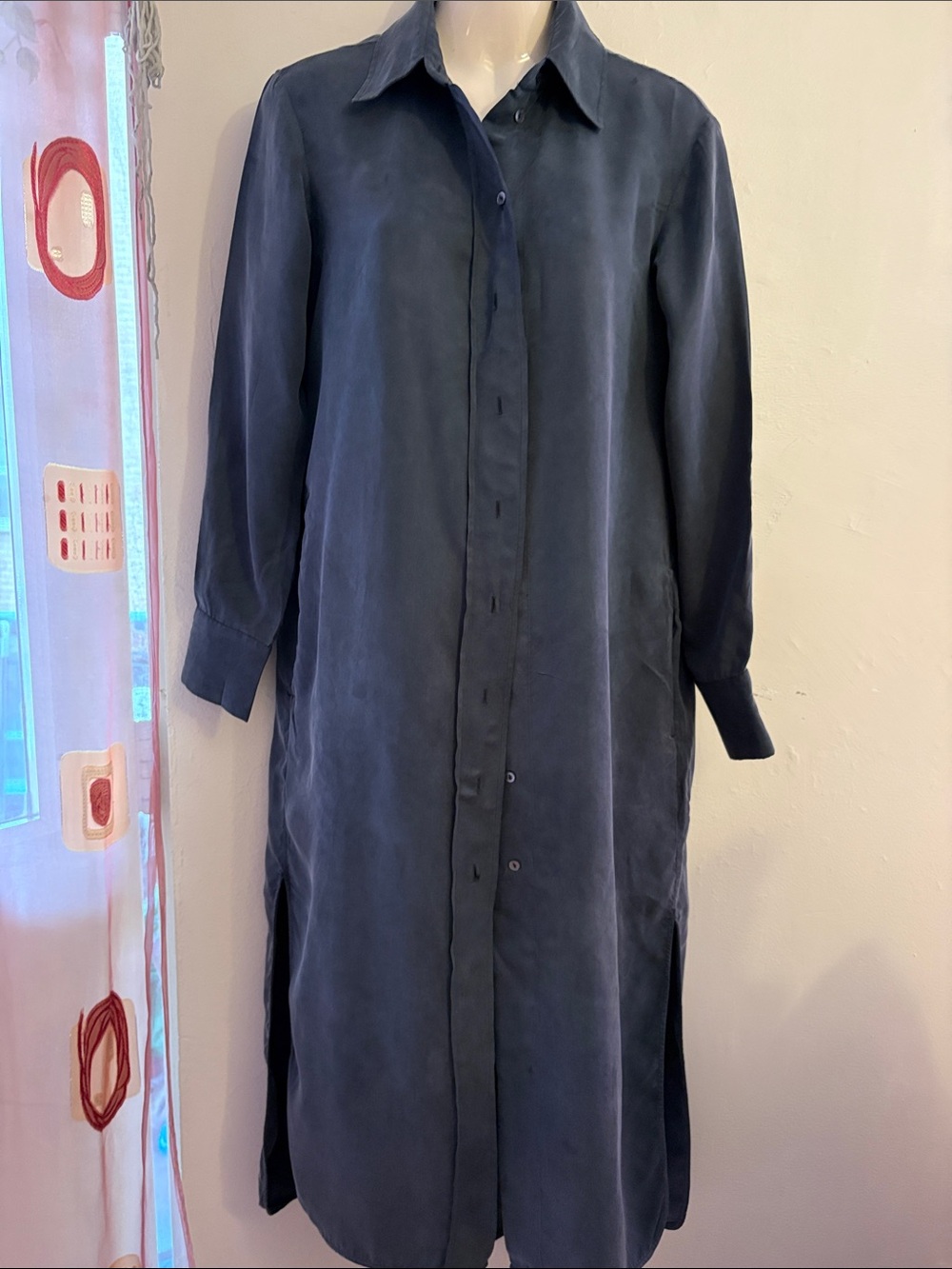 Massimo Dutti Dark Navy Long Button-Down Shirt Dress. Cupro